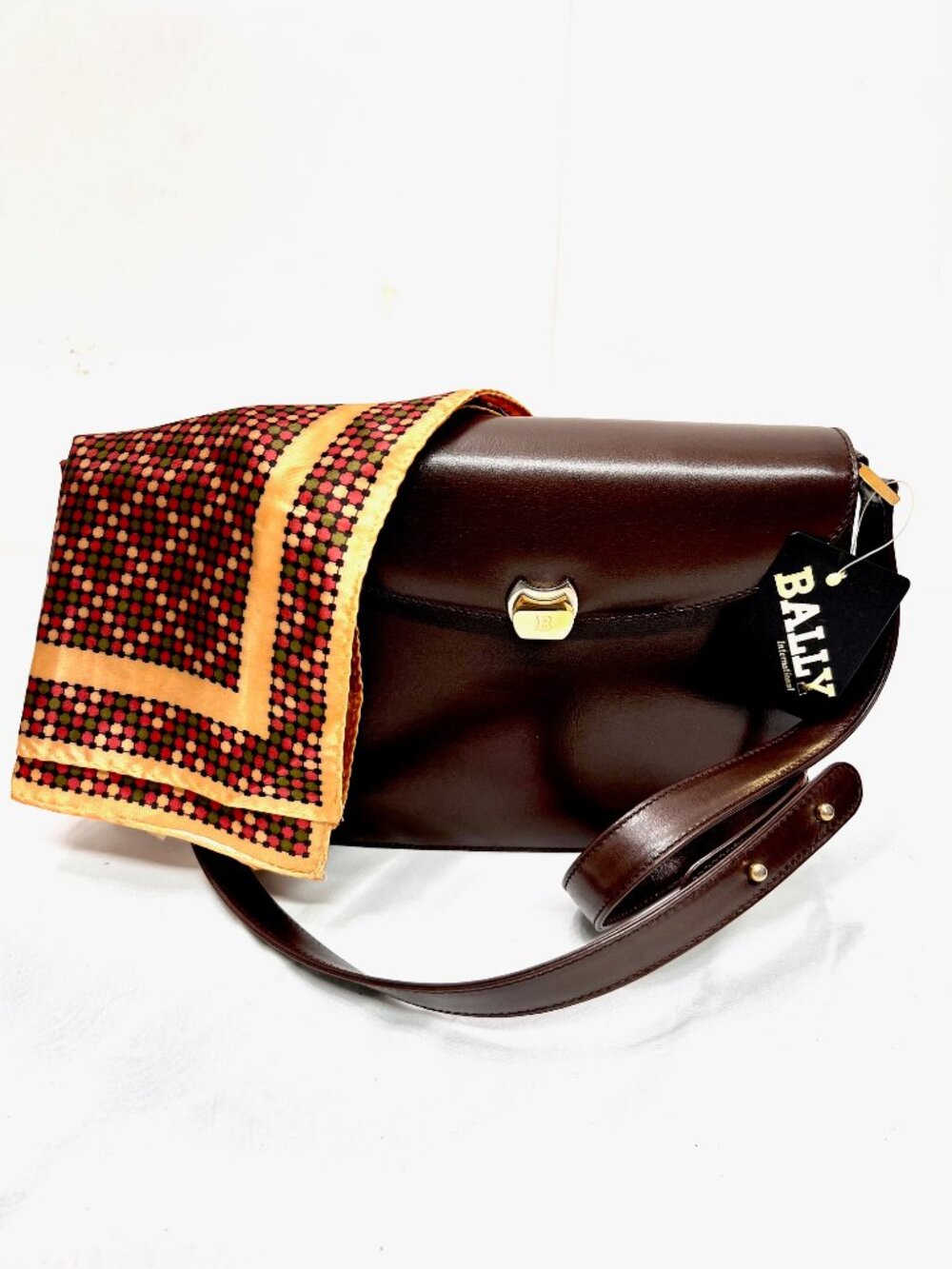 NEW Classic Evening Bally Shoulder Bag Brown Leather +100% Silk Scarf(9 - Picture 11 of 16